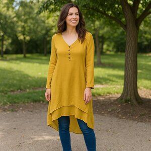 Yellow Asymmetrical Hem Long Sleeve Tunic Dress Large
